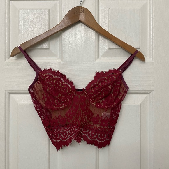 For Love and Lemons Red She’s A Knockout Skivvies Lace Mesh Crop Top Bra - Picture 2 of 5